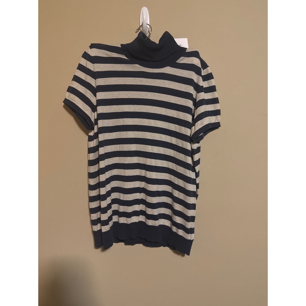 Wmn‎ Indigo Ecru Stripe Short Sleeve Turtleneck 100%Cotton Sweater LLagenlook
